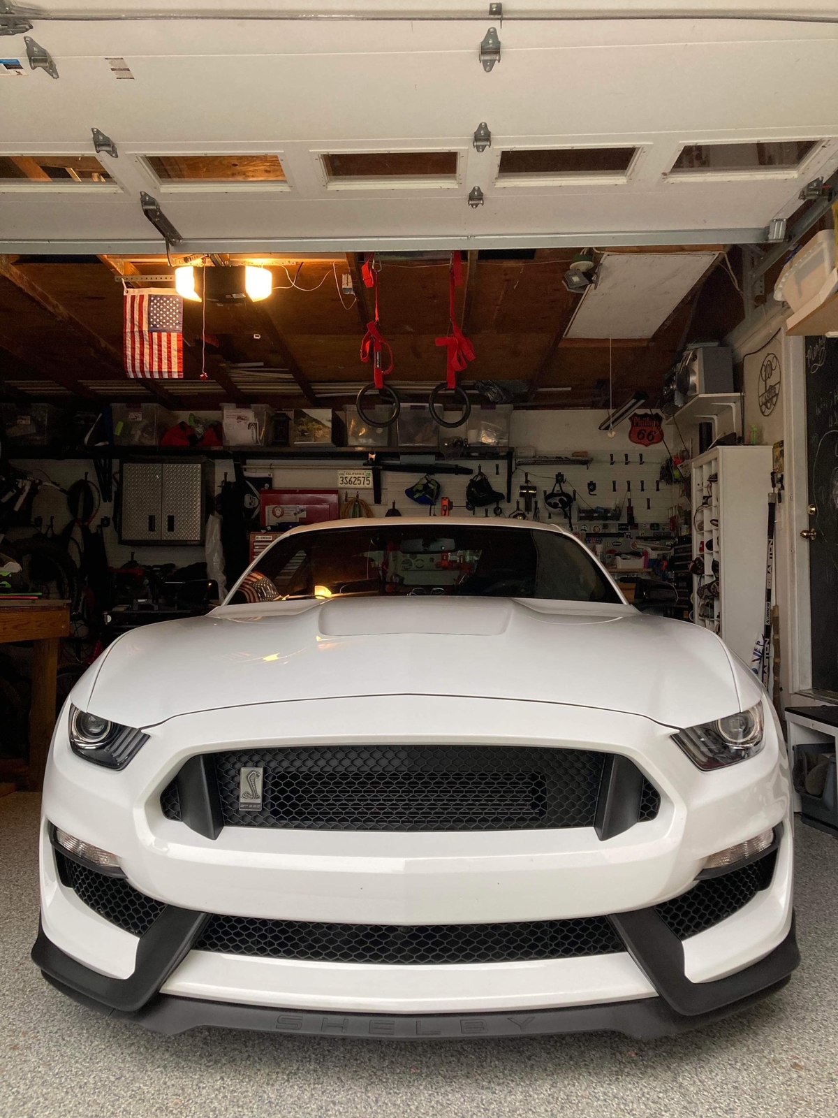 Zach’s white 2016 Mustang Shelby GT350 in the garage
